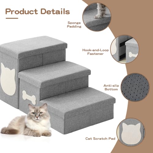 3-Step Wider Dog Steps for Bed 17" H, Foldable Dog Stairs with Storage, Non-Slip Pet Steps for Small Medium Large Dogs, Arthritis-Friendly Pet Stairs for Couch and Car Up to 200 lbs, Grey - size: 3-Step