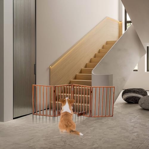 24" Tall Freestanding Pet Gate 4-Panel Wooden Dog Fence with 2 Support Feet, Wooden Folding Dog Barrier for Indoor, Stairs, Doorways, Halls, Kitchen No Assembly Required (Brown) - size: 24in Brown