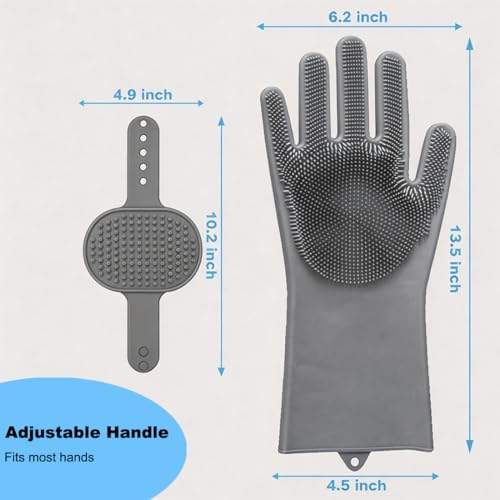 2PCS Dog Washing Gloves and Dog Bath Brush, Pet Shower Mitt with 3000 Soft Rubber Bristles, Adjustable Handle Scrubber for Bath, Massage and Grooming - color: Grey