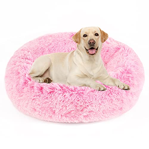 NOYAL Calming Donut Dog Bed for Small to Medium Dogs & Cats - Plush Faux Fur Anti-Anxiety Pet Bed with Machine Washable Cover & Non-Slip Base - color: Gradient Pink, size: Large 27.5''