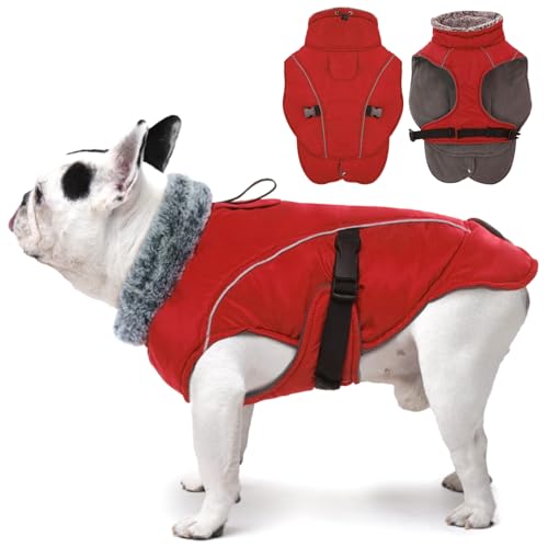 DENTRUN Warm Dog Winter Coat, Easy On Reflective Turtleneck Fleece Jacket | Adjustable buckle, easy on off, windproof & water-repellent, thick fleece snowsuit, outfit fits small to large breeds - color: Red, size: Medium