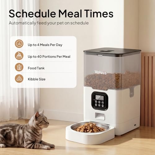 VOLUAS Automatic Cat Feeders - Pet Food Dispenser for Dry Food, Timed Cat Feeder with Desiccant Bag, Programmable Portion Size Control 4 Meals Per Day, 10s Voice Recorder | Programmable Portion Control, Up to 4 Meals Daily, Dual Power Supply, Power-Off Me