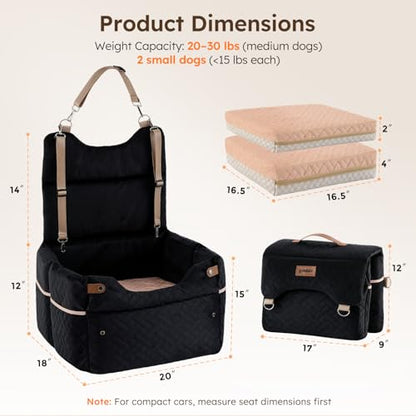 ZOMISIA Elevated Dog Car Seat for Medium Dogs, 3 Adjustable Heights with 2 Egg Crate Foam Boosters 4"+2", Dual-Sided Cooling&Plush Waterproof Cover, 2 Safety Leashes & Buckles, Houndstooth