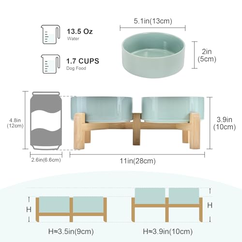 SPUNKYJUNKY Elevated Dog Bowls Ceramic, 5.1'' Dogs and Cat Food Water Bowls Raised with Non-Slip Bamboo Stand for Puppy Small Sized Breed Microwave Dishwasher Safe - 13.5 OZ,Light Green - color: Light Green, size: 5.1 in - 1.7 cups