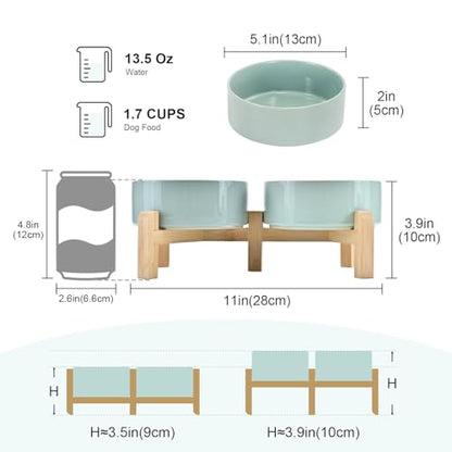 SPUNKYJUNKY Elevated Dog Bowls Ceramic, 5.1'' Dogs and Cat Food Water Bowls Raised with Non-Slip Bamboo Stand for Puppy Small Sized Breed Microwave Dishwasher Safe - 13.5 OZ,Light Green - color: Light Green, size: 5.1 in - 1.7 cups
