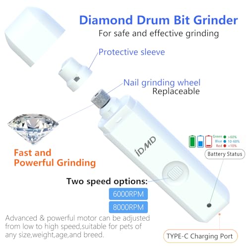 Dog Nail Trimmers-Powerful 2-Speed Dog Nail Grinder-with Safe LED Lighting and Battery Capacity Indicator Light & Type-c USB Rechargeable Quiet pet Nail Grinder for Dogs/Cats (Grinder)