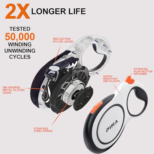 PINA Upgraded Retractable Dog Leash, 26 ft Dog Leash for Small Medium Large Dogs Up to 110lbs, Heavy Duty Reflective Nylon Tape 360° Tangle-Free, with Anti-Slip Handle, One-Handed Brake, Pause, Lock - color: White