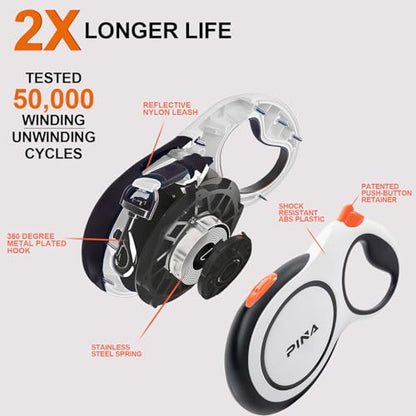 PINA Upgraded Retractable Dog Leash, 26 ft Dog Leash for Small Medium Large Dogs Up to 110lbs, Heavy Duty Reflective Nylon Tape 360° Tangle-Free, with Anti-Slip Handle, One-Handed Brake, Pause, Lock - color: White