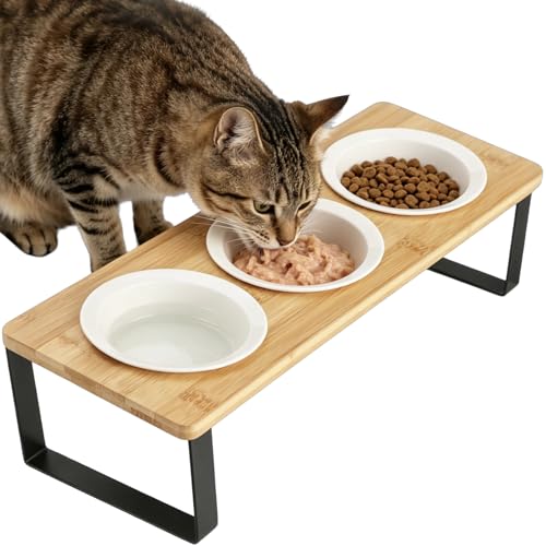 Raised Cat Food Water Bowls, Elevated Tilted Cat Feeder, Set of 3 Ceramic Dishes, Orthopedic Pet Stand for Indoor Cats, Triple Dog Food Station, Home Utility Pet Supplies