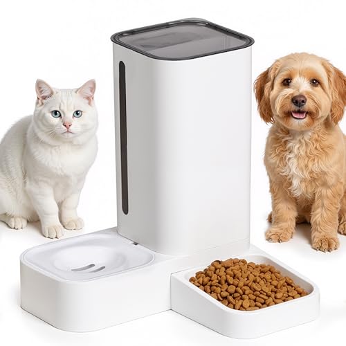 Automatic Feeder for Dogs and Cats - Gravity Feeder Bowl - Pet Water Dispenser -12.5 x 12.5 x 12.2 inches - Self-Feeding Food Dispenser for Small to Large Pets - Dry Food Station - color: White, size: Water and Food Dispenser