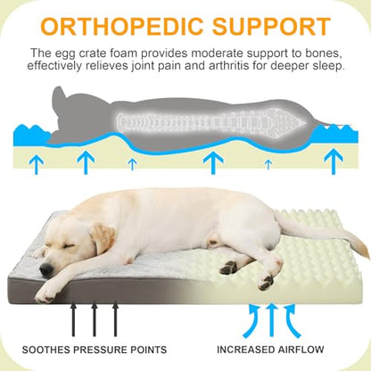 KSIIA Orthopedic Dog Bed - Waterproof, Large Size, Plush, Washable, Egg Crate Foam, Removable Cover, Non-Slip Bottom, 44 x 32 Inch, Gray - color: Light Grey, size: 44.0"L x 32.0"W x 4.0"Th