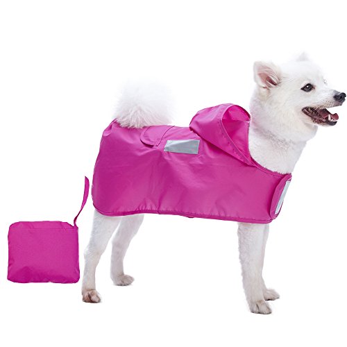 Blueberry Pet 4 Colors 16" Lightweight Packable Hooded Dog Rain Poncho with 3M Reflective Safety Tapes in Cerise Pink, Pack of 1 Outdoor Rain Jacket for Dogs - color: Cerise Pink, size: 16 Inch