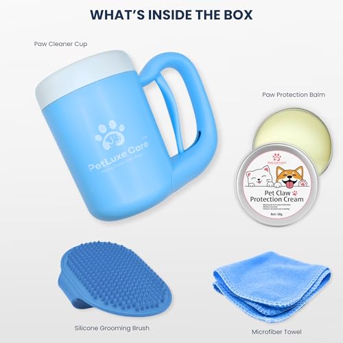 Dog Paw Cleaner, Paw Washer Cup with Soft Silicone Bristles, Portable Dog Foot Washer, 4-in-1 Paw Cleaner Kit with Paw Balm, Microfiber Towel & Grooming Brush (Blue, Medium) - color: Blue, size: Medium