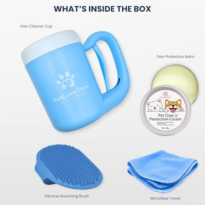 Dog Paw Cleaner, Paw Washer Cup with Soft Silicone Bristles, Portable Dog Foot Washer, 4-in-1 Paw Cleaner Kit with Paw Balm, Microfiber Towel & Grooming Brush (Blue, Medium) - color: Blue, size: Medium