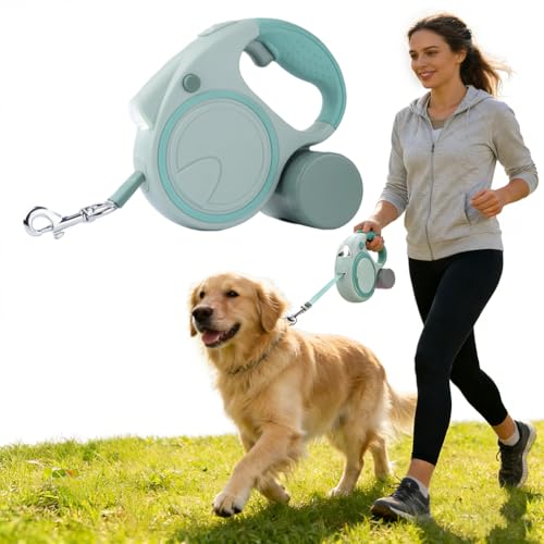 16Ft Retractable Dog Leash with LED Light, Pet Walking Leash Strong Nylon Tape to 110lbs 360° Tangle-Free One-Handed Brake, Pause, Lock - Olive Green