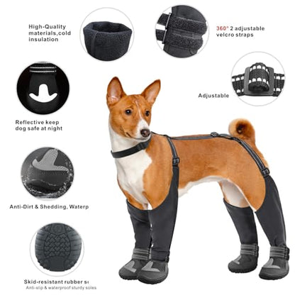 Idepet Dog Suspender Boots, Tall Dog Boots Anti-Slip & Fall Waterproof Shoes Leggings, Adjustable Suspender Boots for Dogs Winter Snow Rain Hiking Paws Protector(Black, 4) - size: 4