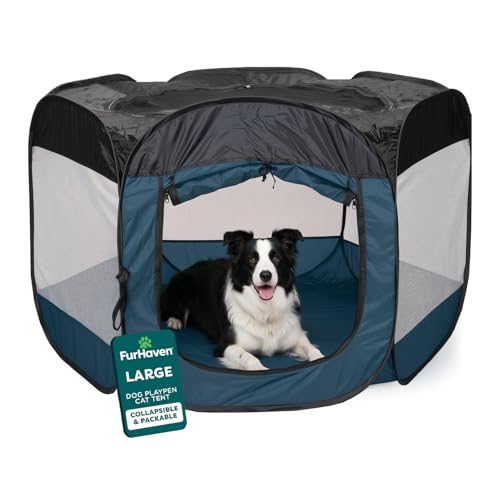 FurHaven Soft-Sided Dog & Cat Playpen, Portable Foldable Indoor & Outdoor Pet Playpen with Mesh Windows & Zippered Door, Sailor Blue, Large - color: Sailor Blue, size: Large
