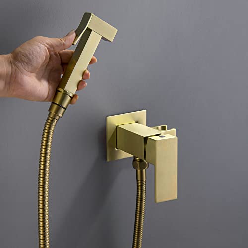 SHAMANDA Warm Water Bidet Sprayer for Toilet with Hot and Cold Brass Rough-in Valve, Stainless Steel Handheld Bidet Attachment Set for Feminine, Pets and Baby Diaper Wash, Brushed Gold, BDS08-3 - color: Brushed Gold, style: Hot & Cold Water Modes-Square
