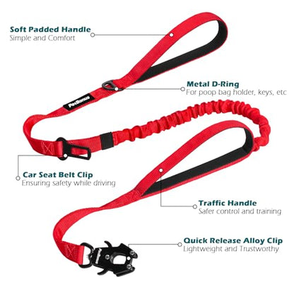 PetBonus Heavy Duty Tactical Dog Leash, 5 FT Bungee Shock Absorption Leash with 2 Padded Handles, Quick Release Metal Clip, Car Seatbelt, No Pull Training Lead for Large Medium Dogs（Red） - color: Red
