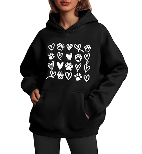 Womens Dog Paw Hoodie-Long Sleeve Pullover Fleece Lined Dog Mom Sweatshirts with Pocket - color: A-black, size: Large