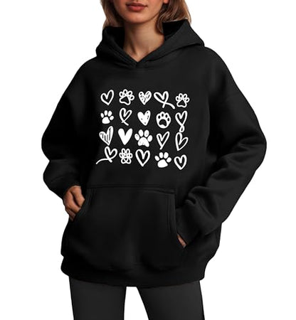 Womens Dog Paw Hoodie-Long Sleeve Pullover Fleece Lined Dog Mom Sweatshirts with Pocket - color: A-black, size: Large