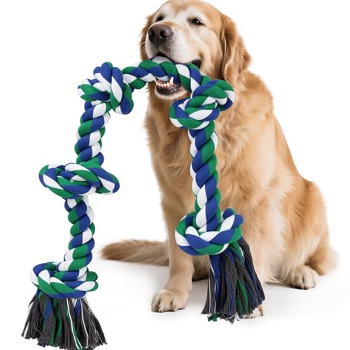 SZEE Dog Rope Toy for Large Dogs, 37 Inch 5 Knots, Tug of War Rope for Large Breeds, for Energy Release & Boredom Relief (Green & Blue) - color: Green, size: Large