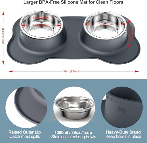 AsFrost Dog Food Bowls Stainless Steel Dog Food & Water Bowl Set with No Spill Non-Skid Silicone Mat, Dog Dishes Pet Feeding Bowls for Small Medium Large Sized Dogs Cat Puppy Food Bowl, Grey, 4 Cup - color: Grey, size: 4¾ Cup/38 oz each