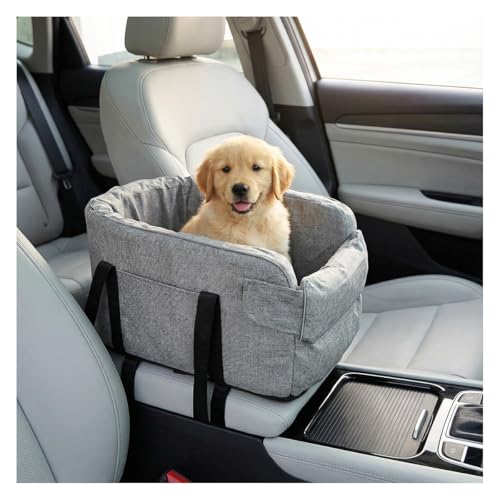 Small Dog Car Center Console Seat, Soft Portable Pet Booster Seat with Safety Tethers, Leash & Storage Pocket, Anti-Collapse Car Armrest Puppy Travel Bed for Cars, SUVs, Trucks (LightGray) - color: LightGray