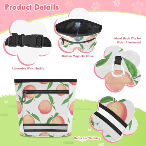 Peach Water-Resistant Dog Treat Pouch, 3 Ways to Wear Treat Bag with Magnetic Closure & Reflective Strip, Hands-Free for Pet Training, Walking