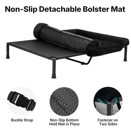 Veehoo Elevated Dog Beds Large Sized Dog with Fluffy Plush Bolster Cushion, Washable Orthopedic Dogs Couch Bed, Raised Pet Cot with Removable Mat, Breathable Mesh, No-Slip Feet, 53 x 37 inches, Black - color: Black, size: 53"L x 37"W x 7.9"Th