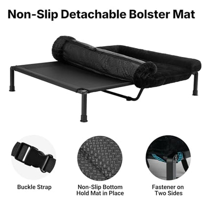 Veehoo Elevated Dog Beds Large Sized Dog with Fluffy Plush Bolster Cushion, Washable Orthopedic Dogs Couch Bed, Raised Pet Cot with Removable Mat, Breathable Mesh, No-Slip Feet, 53 x 37 inches, Black - color: Black, size: 53"L x 37"W x 7.9"Th