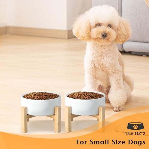SPUNKYJUNKY Ceramic Elevated Dog Bowls 2 Pack - 5.1inch Raised Dog Bowls with Non-Slip Wooden Stand for Small Dogs Dishwasher Safe(White,13.5OZ*2) - color: White, size: Small - 1.7 CUPS*2