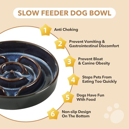 Havniva 1.6 Cup Elevated Slow Feeder Dog Bowls, 8.2” Ceramic Dog Slow Feeding Bowls with Acacia Wood Stand, Raised Dog Food Bowl Puzzle Slow Feeder for Medium Dogs/Fast Eater, Non-Slip & Anti-Choking - color: 1 x Starry Sky + Stand - A, size: L- 8.2inch /
