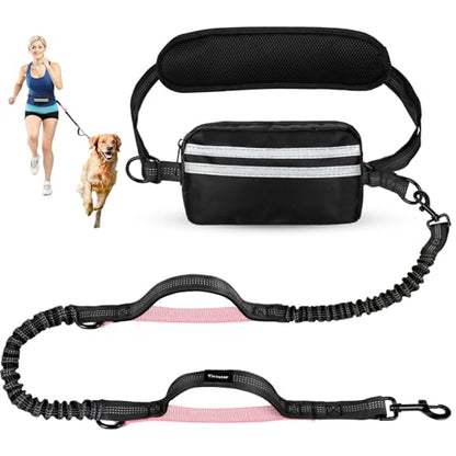 Hands Free Dog Leash, Waist Leash for Dog Walking, Hiking and Running,Adjustable Belt with Double Handle for Large Dogs and Medium Dogs, Dog Walking Accessories,Tangle Free,No Pull - color: Black/Pink