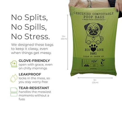100% Certified Home Compostable Dog Poop Bags, Extra Thick, Plant-Based, Plastic-Free, Unscented, 240 Bags (16 Rolls), Leakproof & Easy Open
