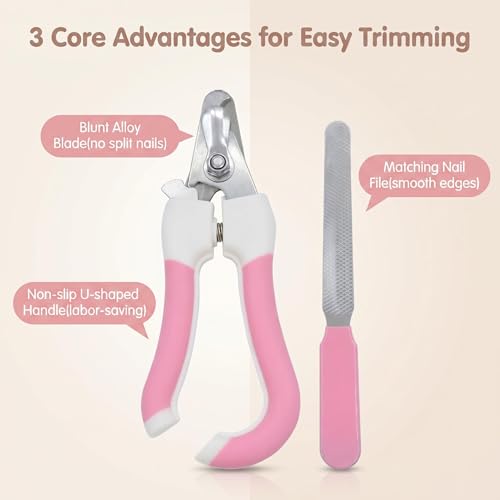 Pet Nail Clipper for Cats, Kittens, Puppy, Rabbit and Bird, with Safety Guard, Nail File, Non-Slip Handle, Pink