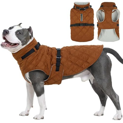 Kuoser Dog Coat Warm Fleece Lining Turtleneck Dog Jacket with Harness Built-in, Adjustable Windproof Cold Weather Coats with Quick Release Buckle Pet Winter Snowsuit for Extra Large Dogs, Khaki 2XL - color: Khaki, size: Xx-large (Chest Girth: 35.4")