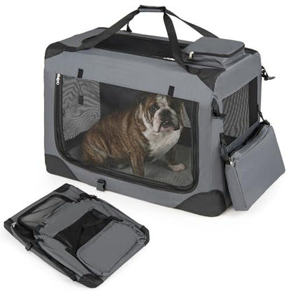 Giantex Folding Soft Dog Crate, 33 Inch Foldable Portable Dog Kennel for Large Dogs up to 50 lbs, Collapsible Soft-Sided Pet Travel Crate with 5-Sided Mesh, 3 Doors, Washable Mat & Storage Pockets - size: 33.0"L x 23.0"W x 23.0"H