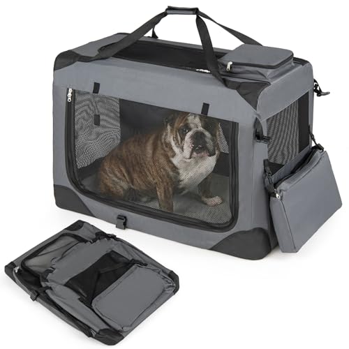 Giantex Folding Soft Dog Crate, 33 Inch Foldable Portable Dog Kennel for Large Dogs up to 50 lbs, Collapsible Soft-Sided Pet Travel Crate with 5-Sided Mesh, 3 Doors, Washable Mat & Storage Pockets - size: 33.0"L x 23.0"W x 23.0"H