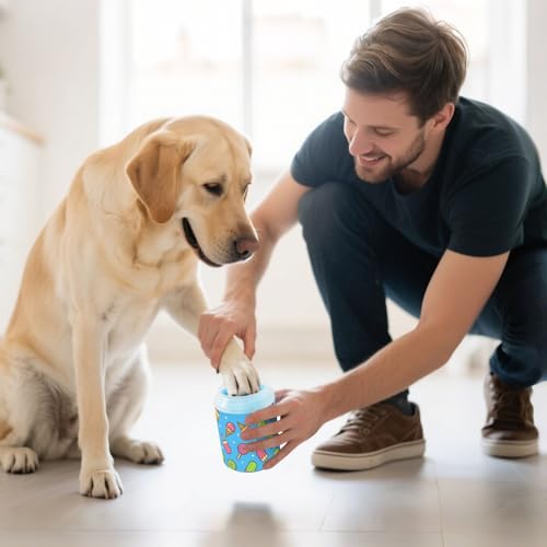 Ice Cream Blue Print Dog Paw Cleaner Cup with Soft Silicone Brush, Portable Lightweight Small Muddy Paw Washer for Dogs, Easy to Use Pet Foot Cleaner