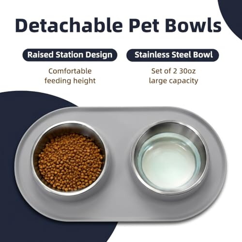 Double Stainless Steel Cat Food Bowls with Non-Slip Silicone Mat, Double Pet Feeder for Food & Water, Spill Proof Cat Dish Set for Small Medium Dogs & Cats, 1.5 Cups Each Bowl, Grey Mediun - color: Grey
