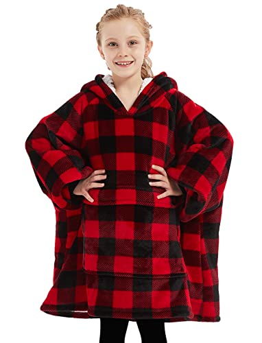 KFUBUO Wearable Blanket Hoodie for Kids Sherpa Patterns Oversized Sweatshirt Blanket With Pocket 6-10 Year Old Girl Boy Red Plaid - color: Red Plaid, size: Kids 6-10YR