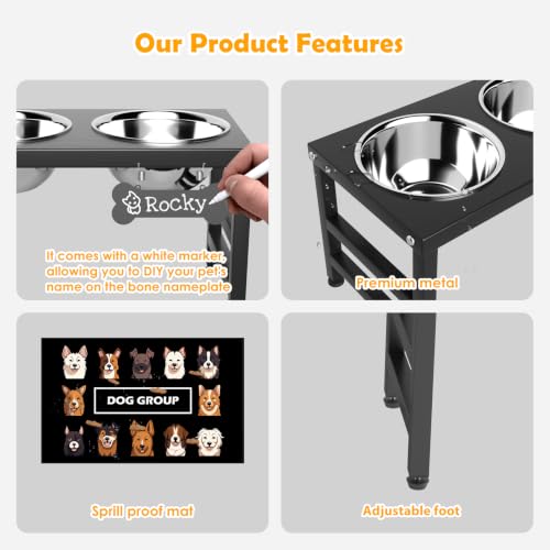 ADENGL 10" Elevated Dog Bowls – Metal Raised Dog Bowl Stand with 2 x 1700ml Stainless Steel Bowls, 1 Slow Feeder & Non-Slip Mat for Dogs - color: Black-L, Slow Feeder, size: Height:10inch
