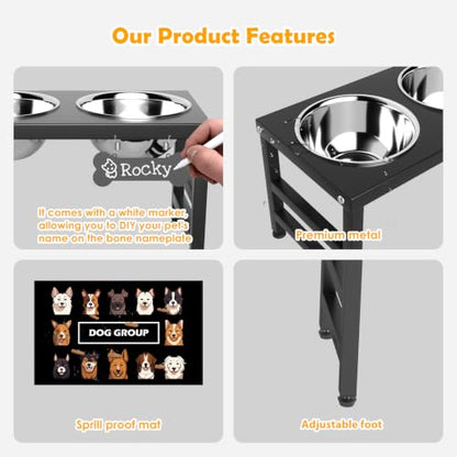 ADENGL 10" Elevated Dog Bowls – Metal Raised Dog Bowl Stand with 2 x 1700ml Stainless Steel Bowls, 1 Slow Feeder & Non-Slip Mat for Dogs - color: Black-L, Slow Feeder, size: Height:10inch