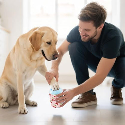 Cherries Hearts Pink Print Dog Paw Cleaner Cup with Soft Silicone Brush, Small Lightweight Portable Muddy Paw Washer for Dogs, Easy to Use Pet Foot Cleaner