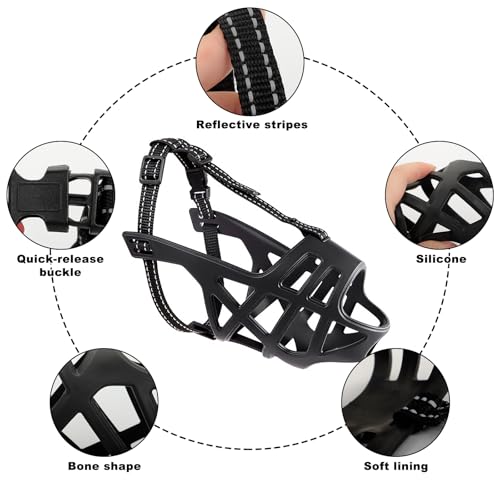 Breathable Basket Dog Muzzle - Adjustable for Small to X-Large Dogs, Allows Panting & Drinking, Safe for Training, Grooming & Vet Visits (Black)