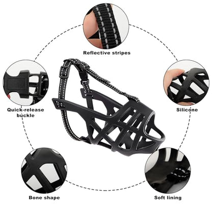 Breathable Basket Dog Muzzle - Adjustable for Small to X-Large Dogs, Allows Panting & Drinking, Safe for Training, Grooming & Vet Visits (Black)