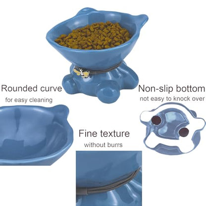 Cat Bowl Elevated Cat Bowls Whisker Friendly Cute Ceramic Tilted Food Bowls for Indoor Cats 5.4 Inch Wide 15° Raised Kitten Supplies Dishwasher and Microwave Safe Blue Cats Water Bowl - color: Blue Cute Ceramic Cat Food Bowl