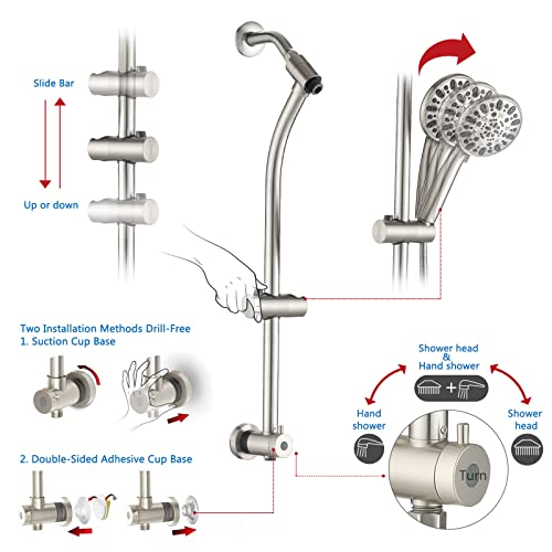 High Pressure 48-Settings Shower Head with Handheld Shower,Drill-Free 3-Way Diverter for Easy Reach,Adjustable Height Slide Bar Dual Shower Head Combo Set - Brushed Nickel - color: Brushed Nickel
