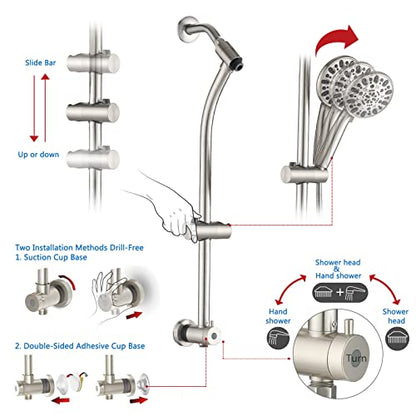 High Pressure 48-Settings Shower Head with Handheld Shower,Drill-Free 3-Way Diverter for Easy Reach,Adjustable Height Slide Bar Dual Shower Head Combo Set - Brushed Nickel - color: Brushed Nickel